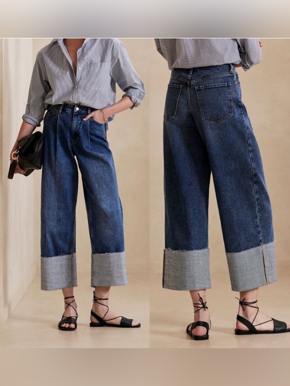 Banana Republic Wide Leg Crop Cuffed Jeans Pleated Denim Size 31/12